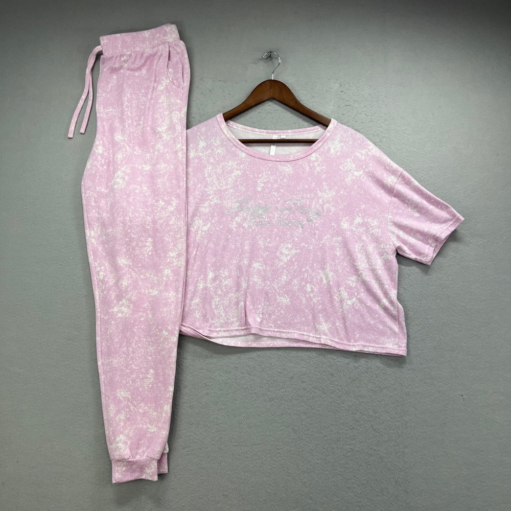 Lights Off Pajama Set Womens Large Pink Acid Wash Lazy Day Graphic Lounge PJs